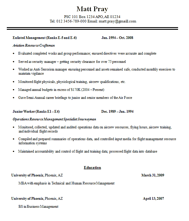 Military Resume Sample 2